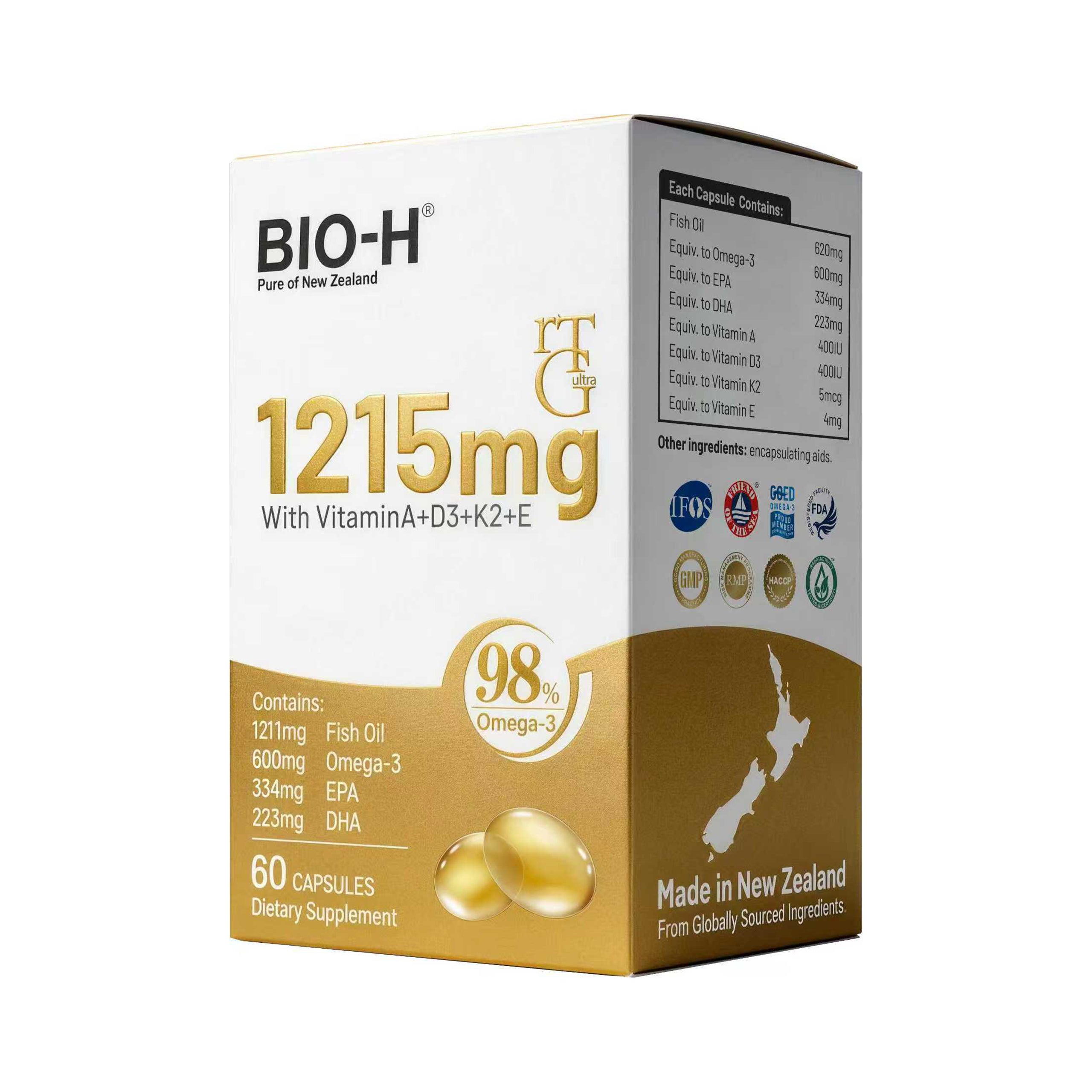 BIO-H Ultra rTG Omega-3 Fish Oil 1215mg with Vitamins A, D3, K2 & E